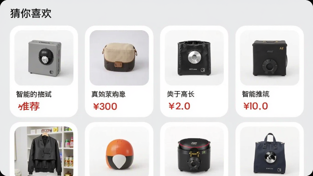 �����빺Ӧ���ڡ�����ϲ�����Ƽ�����ͼ��չʾ����Ƽ���Ʒ��Ƭ��ÿ�ſ�Ƭ������ƷͼƬ�����ƺͼ۸��ǩ���������õ���ɫ����ƬԲ����ƣ����������ִ���ͻ�������Ƽ����ܣ������������޶���Ԫ��