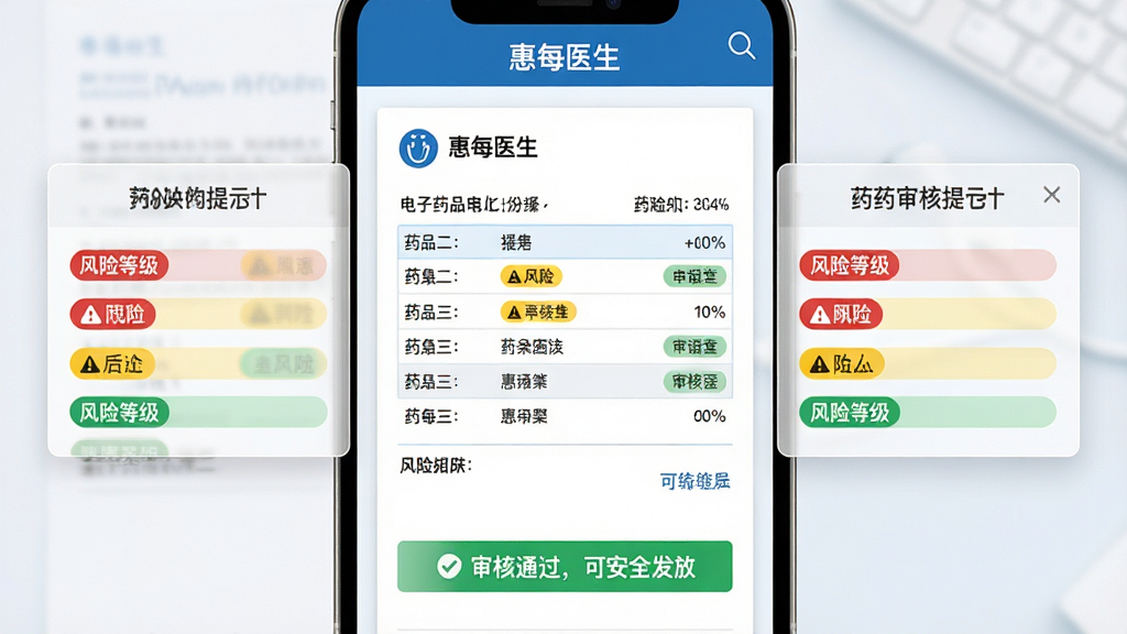 主体:“惠每医生”软件的用药审核结果页面,展示一张电子处方笺。布局:处方笺位于画面中央,两侧有半透明的风险提示浮窗。排版:药品清单用列表形式,风险等级用红黄绿三色标签标示。风格:医疗级简洁设计,白底蓝字,警示色醒目。细节:屏幕下方有绿色对勾和“审核通过,可安全发放”字样。画质:高分辨率,细节丰富,无多余元素。