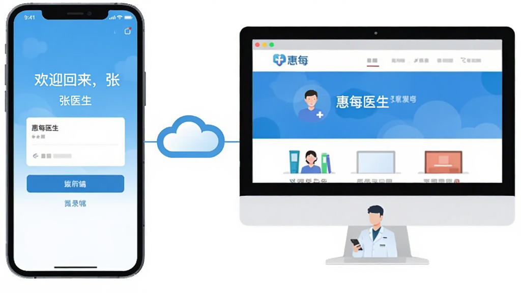主体:一部智能手机横屏显示“惠每医生”的登录界面,旁边有一张电脑显示器(模拟电脑端访问网页版)。布局:手机与电脑屏幕并排,中间有云朵图标连接。排版:干净整洁。风格:现代扁平化插画风格。细节:手机屏幕上显示“欢迎回来,张医生”。画质:高清晰度,无多余元素。