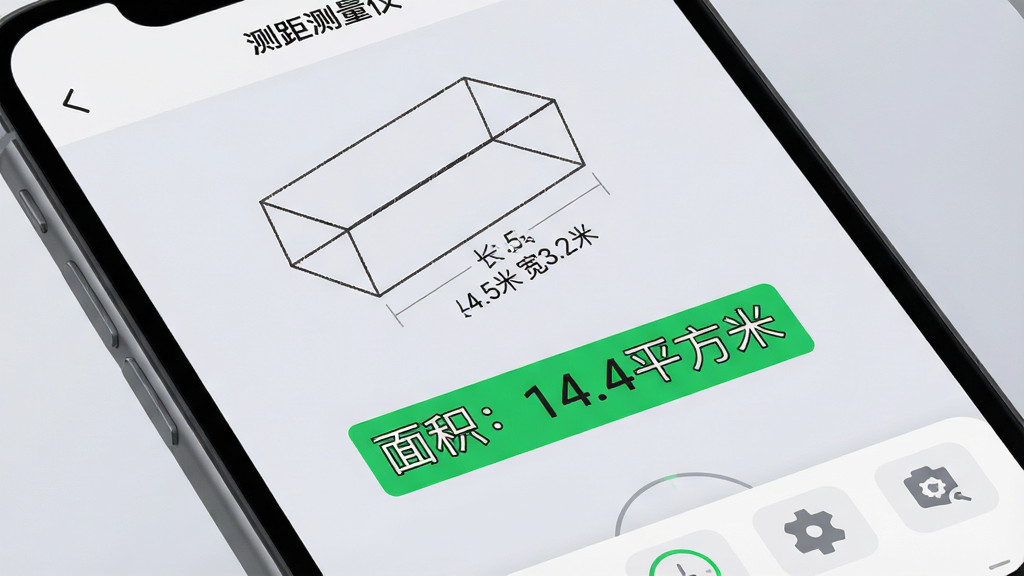 ��д�ֻ����������ǡ�����������������ҳ�棬��Ļ�Ϸ���ʾһ�������ε�3Dģ���߿��Ա߱�ע�š���4.5�� ��3.2�ס����·���Ŀλ��չʾ�������14.4ƽ���ס�����ɫ�������֡�ҳ�汳��Ϊ��͵�ǳ��ɫ���Ű��࣬�����������й���ͼ�갴ť�����ڵײ�������дʵ��UI����ִ��������ʸ��壬�޶���Ԫ�ء�