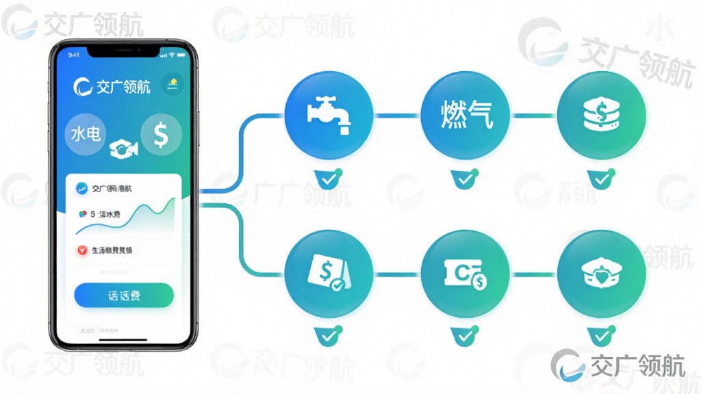 ��������Ϊ�����캽APP����ɷѹ��ܵ�ʹ������ʾ��ͼ�����ֻ�����Ϊ��㣬�����ˮ�硢ȼ�������ѵȶ��Բ��ͼ�꣬ÿ��ͼ���·��жԹ���ǡ����ֲ������̵���ĺ���ͼ���Ű��������򣬷���Լ�ִ�����ɫ��Ϊ��ɫ����ɫ���䣬ϸ��������������캽����logo��ˮӡ������Ҫ��ɾ������������������޶���װ���