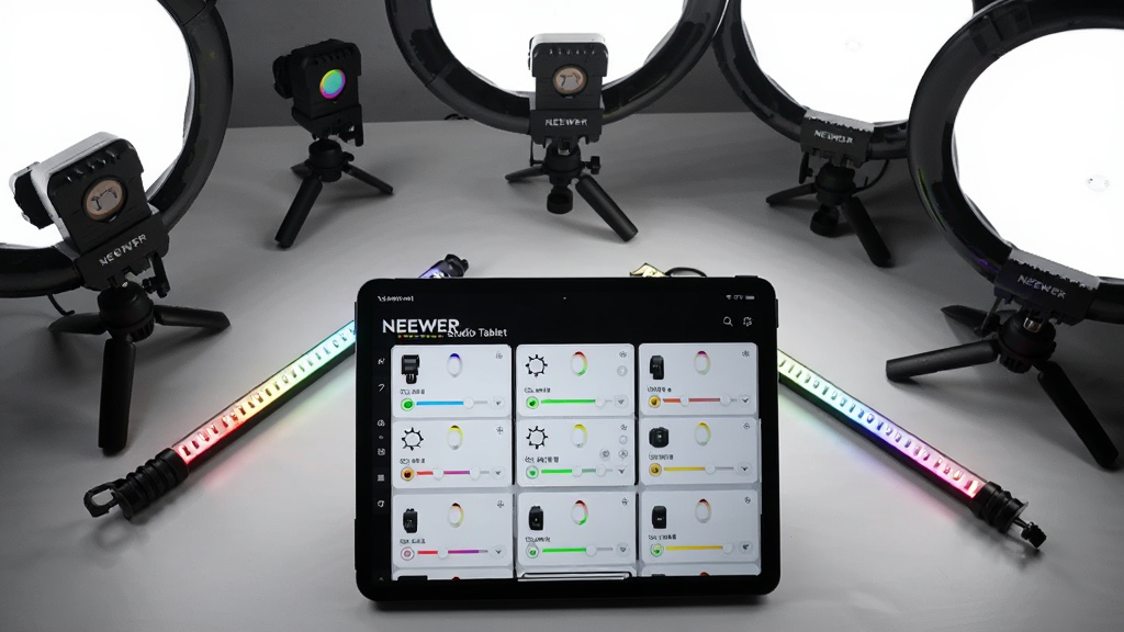 ͼƬ����Ϊһ�Ź���̨�ϵĶ�̨NEEWER�������RGB�ư���ǰ����һ̨ƽ����ԣ���Ļ��ʾ��NEEWER Studio Tablet�������ж��豸�����б���ÿ���豸��Ƭ���ж���������ɫ�»��飬���沼�ֲ��ø��ӽǶȣ��Ű����������дʵ��Ӱ��ϸ����ÿ̨�ƶ����ڵ���״̬�����߽�֯������ͨ͸�ɾ����޶���Ԫ��