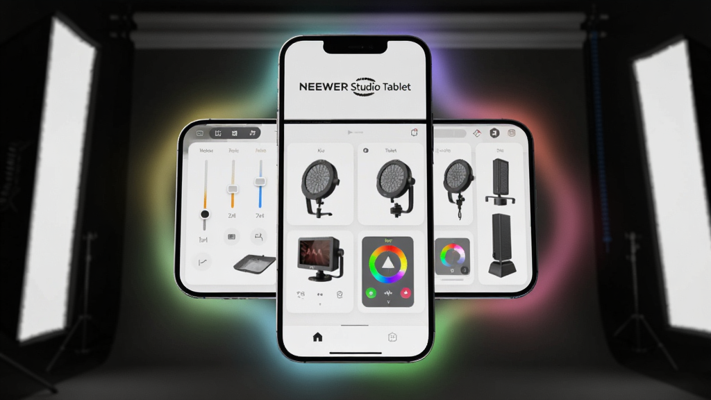��������Ϊһ�������ֻ���������ɫ��Ӱ�ﱳ�����룬��Ļ������ʾ��NEEWER Studio Tablet����Ӣ��Logo�������棬�����г����Ŷ��ֵƹ��豸�����������壬���ܻ�������͵�RGB���Σ����ֲ��þ��жԳƣ��Ű�����������Ϊ�ִ��Ƽ���CG��Ⱦ��ϸ�ڴ�ͻ����Ļ�ϵĻ�����ɫ��ͼ�꣬����8K���壬�ɾ��޶���Ԫ��