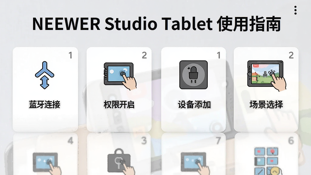 ͼƬ����Ϊһ����ϸ��ͼ�Ľ̳̽�ͼ���Ϸ���������Ϊ��NEEWER Studio Tablet ʹ��ָ�ϡ����·��г��������ͼ�꣬�����������ӡ�Ȩ�޿������豸�����볡��ѡ�����岼�ֲ��÷ֲ���Ƭʽ�Ű棬����ƽ���廭������Ϊǳ��ɫ��ϸ�ڴ�ÿ��ͼ�궼�м������ֱ�ע�����������ɾ����޶���Ԫ��