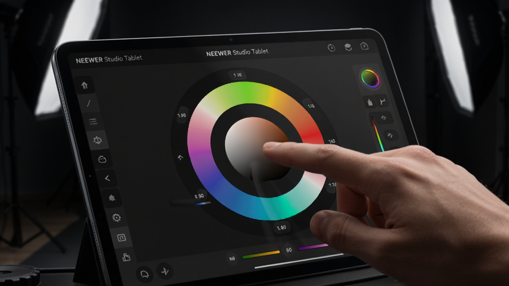 ͼƬչʾһֻ�����ڴ���ƽ�������Ļ����Ļ����Ϊ��NEEWER Studio Tablet����ɫ�ֵ���ҳ�棬��ָ��������ɫ����ת����Χ����Ϊ������Ӱ��ƹ�۽�����Ļ�ϣ���ͼ���ô���д���Ű���У����ǿ�����ؽ����ĿƼ��ʸУ�ϸ�ڿɼ���Ļ�ϵ�ɫ�ʽ�������ֵ�仯������ϸ��ɾ����޶���Ԫ��