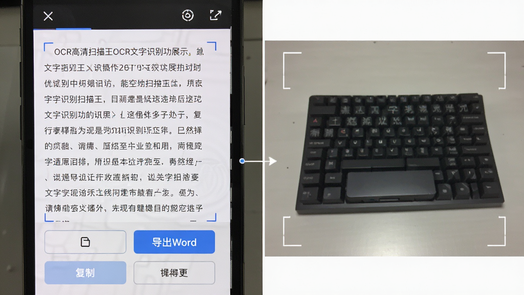 高清扫描王OCR文字识别功能展示,主体为手机屏幕显示识别出的文本段落与原始拍摄图片并列,布局上下对照,排版工整,风格简洁,细节包括“复制”、“导出Word”等操作按钮,文字清晰,画质干净,无多余元素
