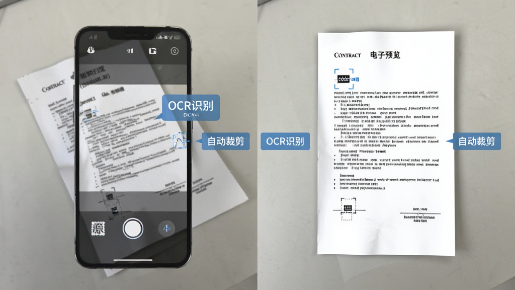 高清扫描王智能图像处理功能预览,主体为一份纸质合同被手机扫描后自动矫正透视的对比画面,左侧是倾斜的原稿,右侧是规整的电子文档,布局左右对比,排版清晰,风格技术感,细节突出“OCR识别”、“自动裁剪”等文字标签,画质清晰,干净,无多余元素