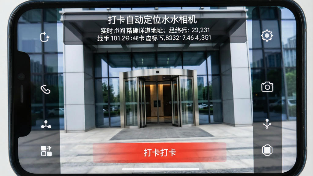 һ�������ֻ���Ļ��д����Ļ��������ʾ���Զ���λˮӡ���1.0.1������������棬ȡ��������һ���ִ�д��¥��ڣ�����ײ�����Ŀ�ĺ�ɫ�򿨰�ť�����涥�������˰�͸������Ϣ������ɫ���ֱ�ע�š����Զ���λˮӡ�����������ͬʱ��ʾʵʱʱ�䡢��ȷ���ֵ�����ϸ��ַ�Լ���γ�����ꡣ���岼�ּ�����ˣ��������ศ����������ͼ�ꡣͼƬ���Ϊдʵ��Ʒ��ͼ��񣬻��ʸ��壬�����������ɾ��޶���Ԫ�ء�