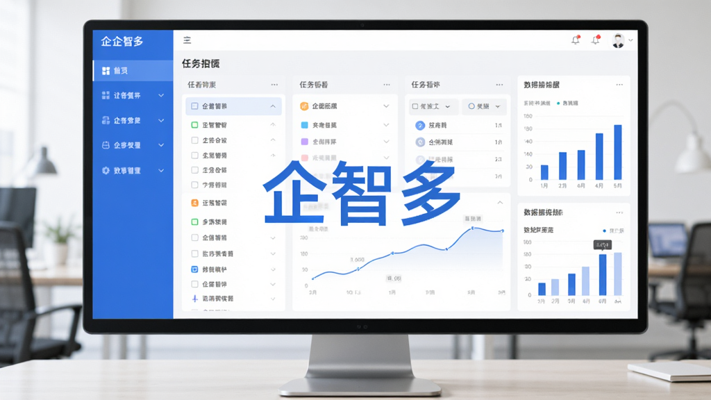 图片展示企智多软件主界面,采用简洁商务风格,左侧是功能导航栏,右侧显示任务看板与数据图表,整体色调以蓝白为主,屏幕中央显示“企智多”字样,界面干净清爽,突出软件的专业性与实用性,画质清晰,无多余元素。