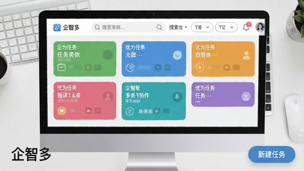 展示企智多任务协作界面的电脑或手机截图,画面包含多个任务卡片,颜色区分不同优先级,顶部有搜索与筛选栏,背景为浅灰色工作台风格,右下角悬浮“新建任务”按钮,整体布局清晰,文字标注“企智多”字样,画质干净明亮。