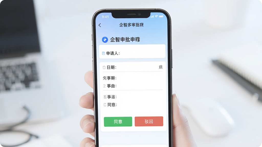 展示企智多审批流程界面,手机屏幕显示一个请假申请表单,包含申请人、日期、事由等字段,下方有“同意”与“驳回”按钮,背景为淡蓝色渐变,整体风格清新,文字清晰可读,突出移动办公便捷性,画质干净。