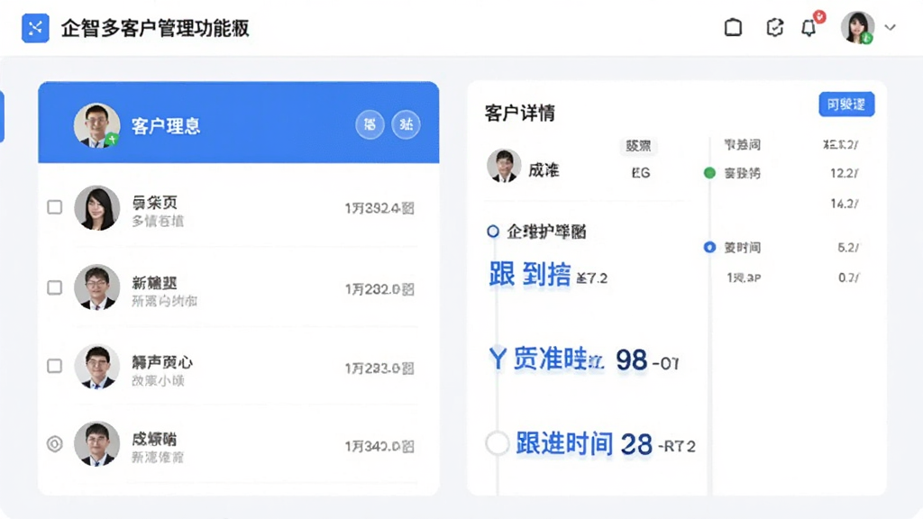 展示企智多客户管理功能页面,界面左侧为客户列表,右侧显示客户详情与跟进时间线,使用卡片式布局,背景为白色,配以蓝色强调色,客户头像与名称清晰可见,整体风格专业且现代,画质高清无杂物。