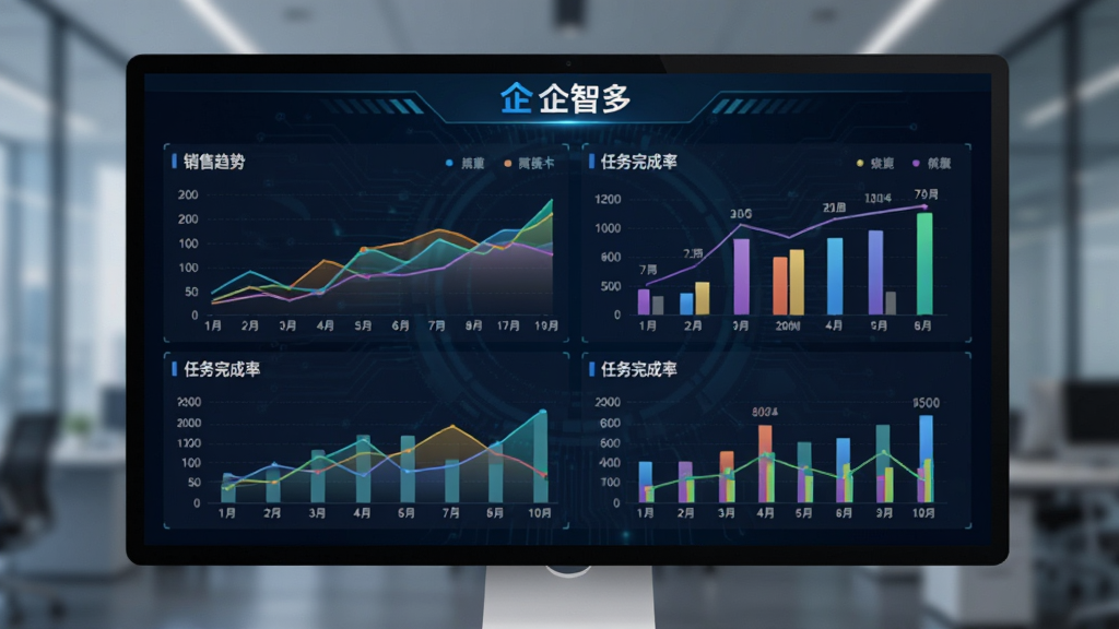 展示企智多数据看板界面,大屏或电脑屏幕上显示多个折线图与柱状图,展示销售趋势与任务完成率,图表色彩丰富但不刺眼,背景为深色科技风格,上方显示“企智多”标识,整体专业且有质感,画质清晰。