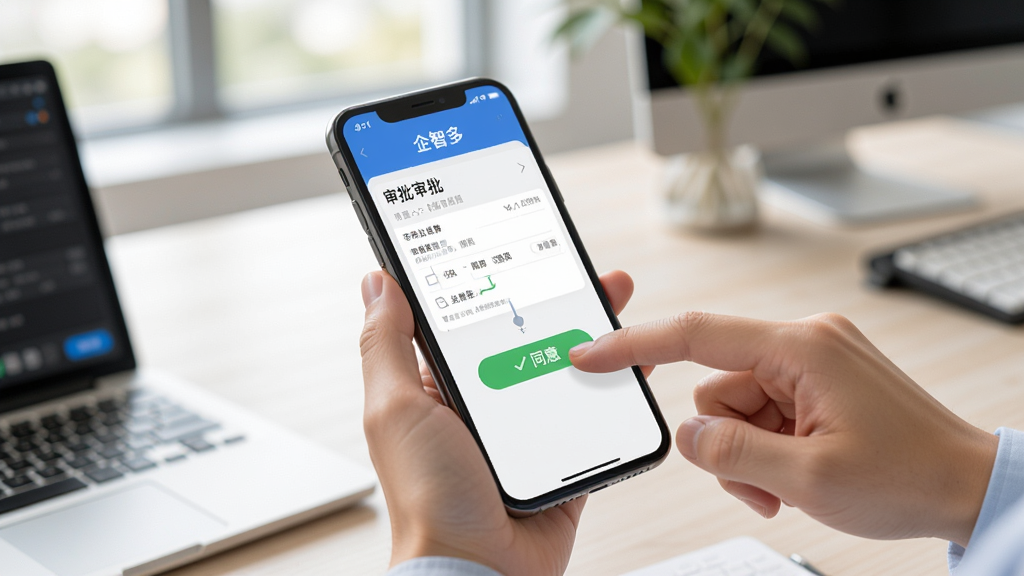 展示用户在手机上使用企智多app进行审批操作的场景,手指点击“同意”按钮,屏幕显示审批详情与流程,背景为办公桌面,整体画面自然明亮,体现移动办公便利性,画质清晰。