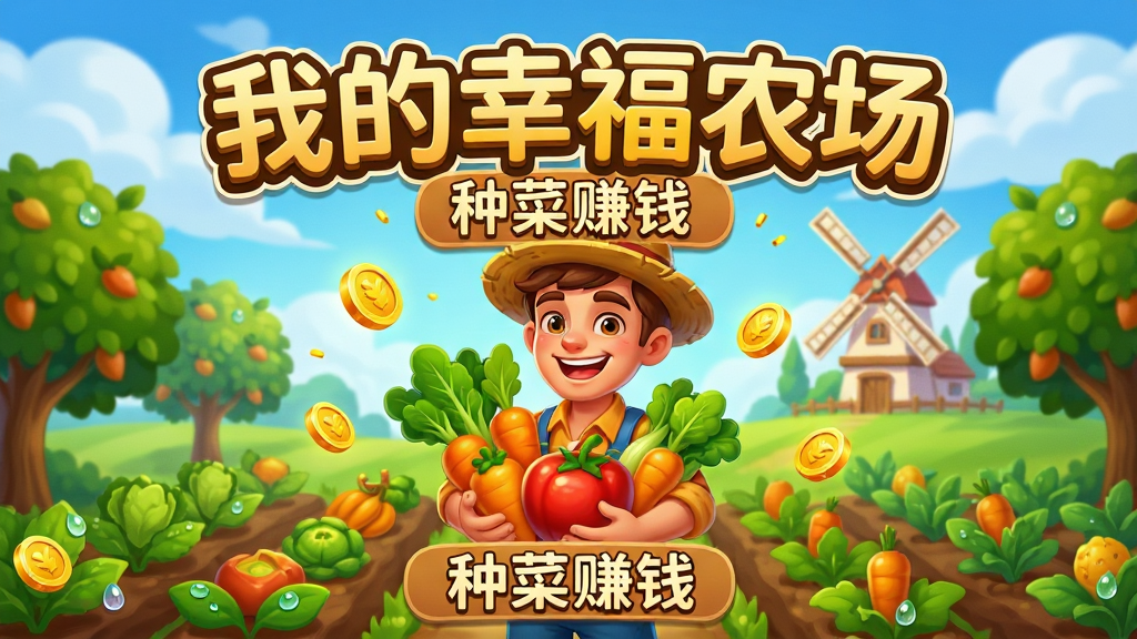 主体:手机游戏《我的幸福农场》的完整宣传海报,画面中央是一片阳光明媚、作物茂盛的田园农场,一位卡通风格的年轻农夫正开心地抱着刚收获的蔬菜。布局:主视觉居中,背景为蓝天白云与远处的风车小屋,前景是整齐的田垄与果树。排版:海报上方醒目位置用艺术字写着游戏名称“我的幸福农场”,下方是“种菜赚钱”的标语。风格:明亮温馨的卡通插画风格,色彩鲜艳饱满。细节:作物上带有晶莹露珠,农夫脸上有灿烂笑容,金币图标散落在空中。画质:高清,干净,无多余元素。