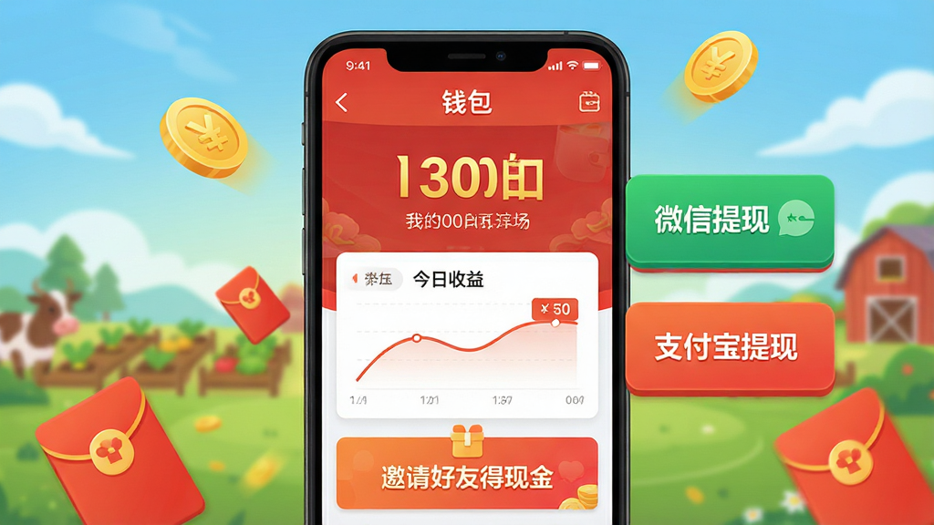 主体:《我的幸福农场》游戏界面,重点展示“钱包”或“提现”功能页面。布局:屏幕中央是一个显示余额的手机界面,旁边有“微信提现”和“支付宝提现”两个醒目按钮,周围环绕着金币、红包等元素。排版:信息层级清晰,余额数字超大且醒目。风格:现代扁平化UI设计风格,结合喜庆的红色与金色。细节:界面有“今日收益”曲线图,以及“邀请好友得现金”的入口。画质:高清,干净,无多余元素。