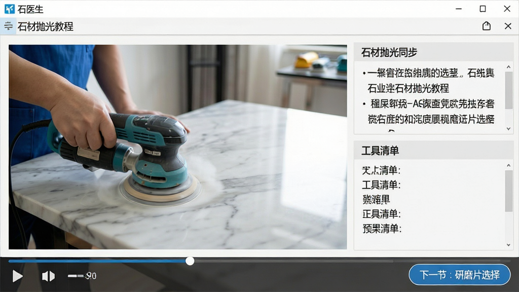 教学视频播放界面预览图,主体为“石医生”软件中的石材抛光教程,画面左侧是演示人员手持抛光机对大理石桌面进行操作的实拍视频,右侧为同步的步骤文字和工具清单。视频下方有进度条和“下一节:研磨片选择”按钮。整体风格务实,光线明亮,细节清晰,画质干净,无多余元素。
