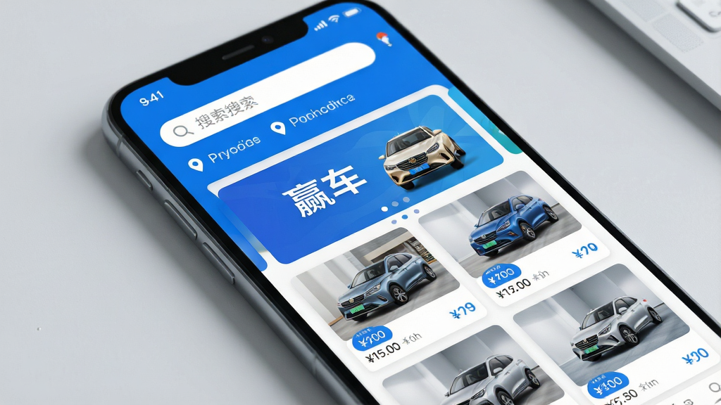 һ�������ֻ���Ļ��д����Ļ��������ʾ��Ӯ����APP����ҳ���棬���沼��Ϊ�ִ���Լ����Ϸ�Ϊ�������붨λ��Ϣ���м�Ϊ��Ŀ������λ���·�Ϊ����״������Ƭ�б���ÿ�ſ�Ƭչʾ����ͼƬ��۸��ǩ������������Ϊ��ɫ��������ɾ�����������Ϊǳ��ɫ���棬�ֻ���΢��б����������͹�Ӱ�����ʸ��壬�޶���Ԫ��