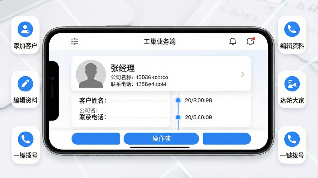 主体:手机横屏展示工巢业务端客户详情页面,页面中有客户姓名“张经理”、公司名称、联系电话、跟进记录时间线;布局:手机屏幕为主视觉,周围环绕着“添加客户”“编辑资料”“一键拨号”等小图标;排版:信息分层清晰,头部为白色工具栏,中部为卡片式客户信息,底部为操作按钮;风格:商务蓝白配色;细节:客户头像为灰色剪影,时间线用蓝色圆点连接;画质:高清明亮,无多余杂物