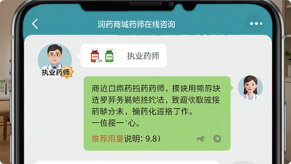 润药商城药师在线咨询功能界面,主体为手机聊天窗口,药师头像显示“执业药师”认证,用户询问药品用法,药师回复详细。布局为上下结构,排版舒适,风格温馨亲民,细节有药品小图标和推荐用量说明,画质高清,干净无多余元素。