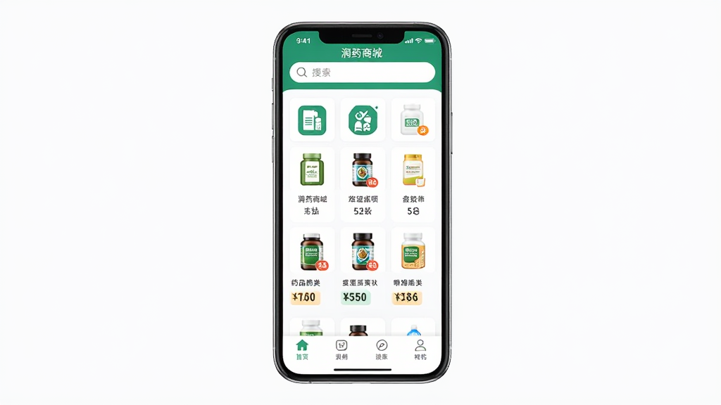 润药商城官方APP界面预览,主体为手机屏幕展示,屏幕内是润药商城首页,顶部有搜索栏,中间是药品分类图标,底部为功能导航栏。布局居中,排版清晰,风格现代简约,细节包含商品图片和价格标签,画质高清,干净整洁,无多余元素。