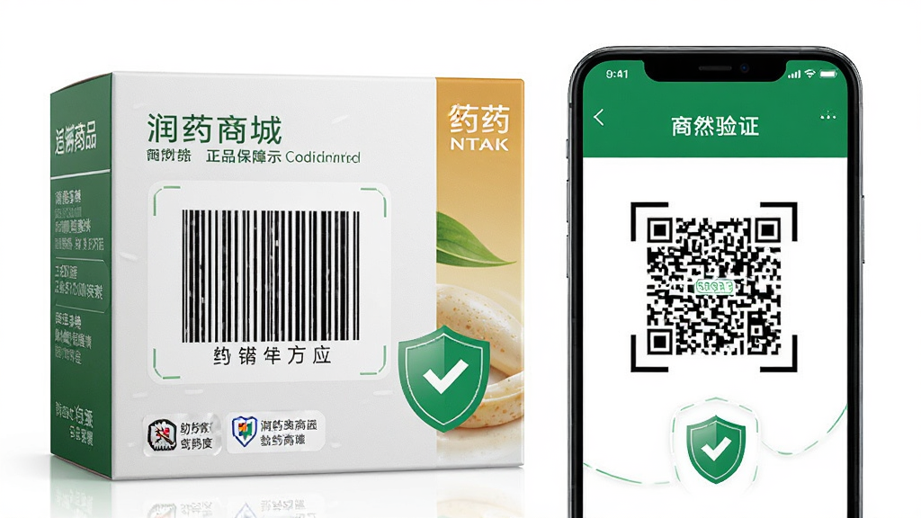 润药商城正品保障示意图,主体为药品包装盒上的追溯码特写,旁边手机扫码验证界面。布局居中偏左,排版简洁,风格真实商务,细节有防伪标签和绿色盾牌图标,画质清晰干净,无多余元素。
