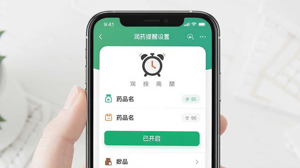 润药商城使用指南配图,主体为手机操作界面,显示用药提醒设置页面,有闹钟图标和药品名列表。布局居中,排版直观,风格清新,细节有“已开启”绿色按钮,画质干净,无多余元素。