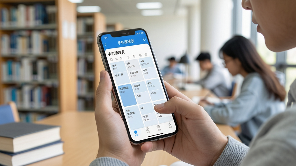 一幅展示现代大学生在图书馆使用手机查看课程表应用的场景,手机屏幕清晰显示“手机课程表”应用界面,界面以蓝白为主色调,布局简洁,课程格子排列整齐。主体是手机和用户的手,背景是书架与学习氛围,整体风格明亮写实,光线柔和,细节清晰,画质干净,无多余元素。