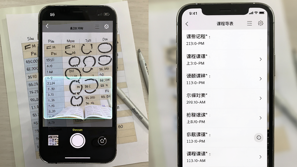 手机课程表应用截图展示智能导入功能,画面中央是一张带有课程的纸质表格,手机摄像头对准表格进行扫描,屏幕中同步显示识别后的课程信息列表。主体是手机与纸质课表,布局为左右对比,风格写实明亮,细节包含课程名称和上课时间文字,画质高清干净。