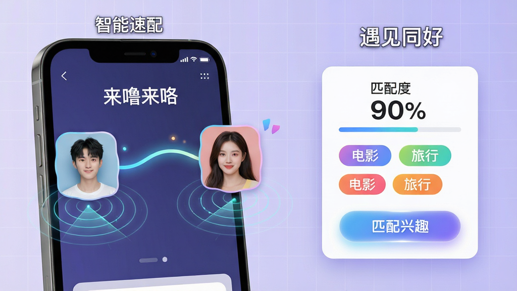 主体:“来噜来咯”智能速配功能界面,两名年轻用户头像通过一条发光曲线连接。布局:左侧是手机屏幕特写,右侧以悬浮卡片形式展示匹配度百分比和共同兴趣标签。排版:画面上下分别标注“智能速配”和“遇见同好”字样,中间主体为动态连接的视觉元素。风格:现代科技感与社交温馨感结合,背景为淡紫色渐变网格。细节:头像卡片下有雷达波纹扩散效果,共同兴趣标签如“电影”、“旅行”以彩色胶囊样式呈现,匹配按钮带有微光。画质:高清,整洁,无多余元素,突出智能匹配的精准与趣味。