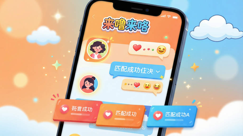 主体:一款名为“来噜来咯”的手机社交应用界面,屏幕上展示着多彩的用户头像卡片和聊天气泡,整体氛围轻松活泼。布局:画面中央是一部大屏智能手机,手机屏幕占视觉主体,背景辅以柔和的渐变光斑与卡通云朵。排版:手机微微倾斜,屏幕内容清晰可见,上方显示“来噜来咯”的彩色Logo,下方排列着几个动态的匹配成功提示框。风格:扁平化插画风格,色彩明快鲜艳,以暖橙色和天蓝色为主色调。细节:用户头像边缘有发光效果,聊天气泡里点缀爱心和表情符号,界面四周有细微的星光粒子漂浮。画质:高分辨率渲染,细节丰富,干净无多余元素,整体呈现活力四射的社交氛围。