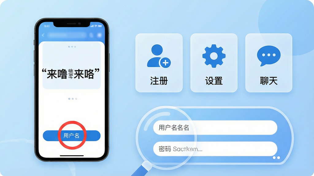 主体:“来噜来咯”应用的使用教程场景,包含一部手机和几个操作步骤指示图标。布局:左侧为手机屏幕,右侧以半透明卡片形式列出“注册”、“设置”、“聊天”等图标。排版:画面背景为浅蓝色渐变,下方有用户名和密码输入框的放大示意。风格:教育性插画风格,简洁明了,色彩以白色与蓝色为主。细节:手机屏幕上有红色圆圈标记关键按钮,步骤图标下方有简短文字说明,整体有条理。画质:高清晰度,干净整洁,无冗余元素,强调实用指导性。