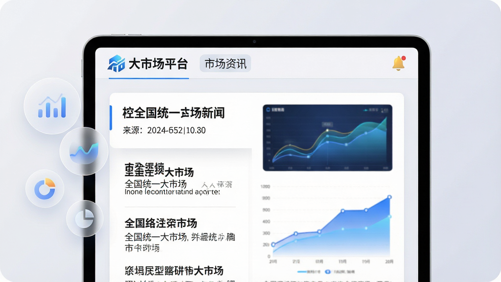 主体:一幅电脑屏幕截图风格画面,顶部有“大市场平台”的Logo与“市场资讯”标签,下方是一篇关于“全国统一大市场”的新闻文章配图,显示走势曲线图。布局:画面以一块平板电脑为主体,屏幕占据画面大部分,四周有柔和的浅色背景,左侧悬浮着几个半透明的圆形数据图标。排版:资讯列表采用卡片式布局,标题加粗,摘要文字清晰,在屏幕右上角有一个铃铛样式的推送通知图标。风格:简洁明亮的商务风格,背景为淡灰色,显得专业且干净。细节:文章标题下标注了来源与时间,正文中插入了一张折线统计图,颜色为蓝色渐变。画质:高分辨率,文字边缘锐利,整体画面干净,无多余元素。