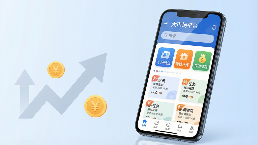 主体:一部亮着屏幕的智能手机,屏幕上清晰显示“大市场平台”的首页界面,上方有搜索栏,中间分布着“市场资讯”、“赚钱任务”、“我的收益”等彩色功能图标。布局:手机位于画面中央偏右,呈微微倾斜角度,屏幕内容正对镜头,左侧留白并配有浅灰色的上升箭头与金币图标装饰。排版:整体为扁平化设计,界面元素排列整齐,图标大小均匀,色彩以蓝色和橙色为主。风格:现代商务风,结合一点科技感,背景为柔和的渐变浅蓝色。细节:手机屏幕带有反光效果,底部的导航栏清晰可见,任务列表区域显示几个带有“新”字标签的任务卡片。画质:4K高清,细节丰富,干净,无多余元素。