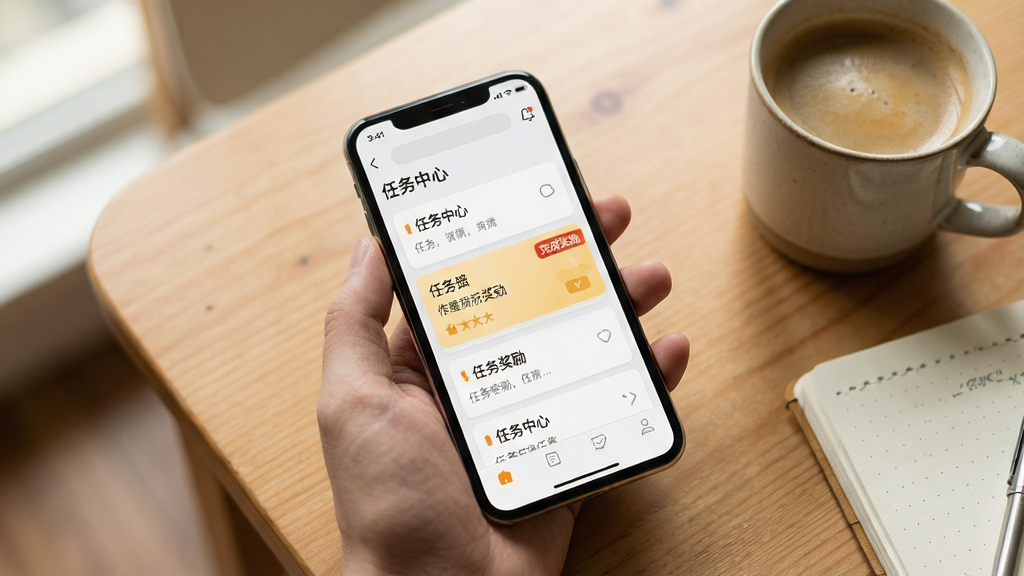 主体:一张在书桌上使用手机的场景,手机屏幕打开大市场平台的任务列表,旁边放着一杯咖啡和一个小笔记本。布局:俯拍视角,手机放在桌子中央,周围有适当的留白,光线明亮柔和。排版:手机屏幕内容清晰可见,任务列表中的汉字清晰可辨,背景有轻微的虚化效果。风格:生活化写实风格,色调温暖。细节:手机屏幕上显示“任务中心”字样,其中一个任务卡片高亮显示,带有“完成奖励”的标签。画质:专业摄影级画质,细节丰富,干净,无多余元素。