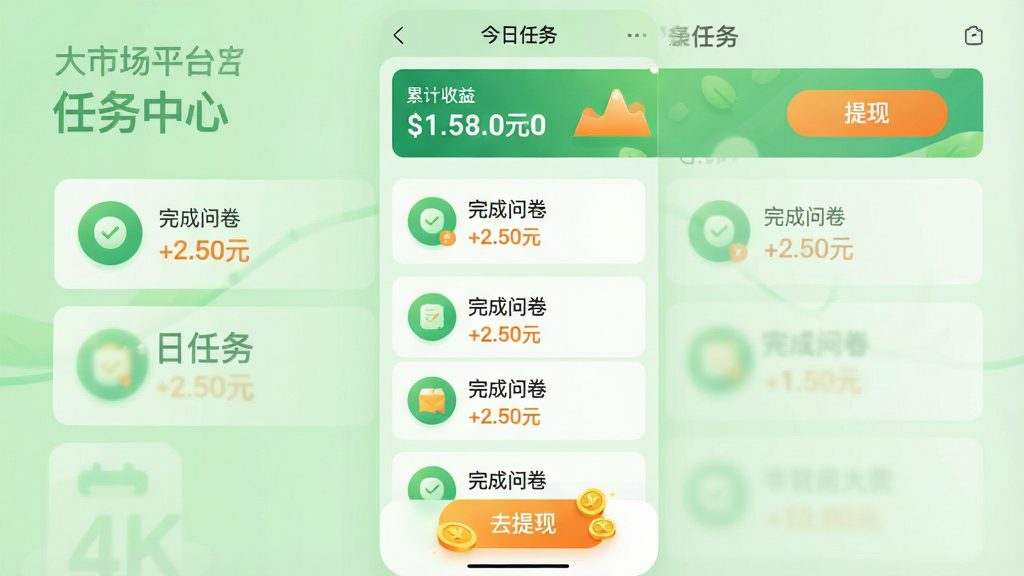 主体:一个手机应用内的“任务中心”界面截图,顶部写着“大市场平台”和“今日任务”,下方排列着多个任务卡片,每个卡片上标注了奖励金额,如“完成问卷 +2.50元”。布局:界面以列表形式纵向排列,背景为浅绿色,上方有一个横幅展示“累计收益”数字和提现按钮。排版:每个任务卡片都包含一个圆形的小图标,任务名称和奖励金额分两行显示,布局整齐。风格:清新活泼的UI风格,色彩明快,以绿色和橙色为主。细节:在界面底部有一个悬浮的“去提现”按钮,按钮上有金币装饰。画质:4K超清,界面元素无锯齿,干净,无多余元素。