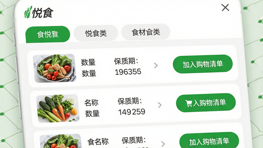 ���壺��ʳӦ�õ�ʳ�Ĺ������档���֣��Ϸ�Ϊʳ�ķ����ǩ���·�Ϊʳ���б���ÿ����Ŀ��ʾ���ơ������뱣���ڡ��Ҳ��С����빺���嵥����ť���Ű棺�б�ʽ��ƣ�����ֱ�ۡ���񣺼��ʵ�ã���ɫ��׺��ϸ�ڣ�������ʾ����ʳ��logo��ʳ��ͼƬ��ʵ����ťͻ�������ʣ����壬�ɾ����޶���Ԫ�ء�