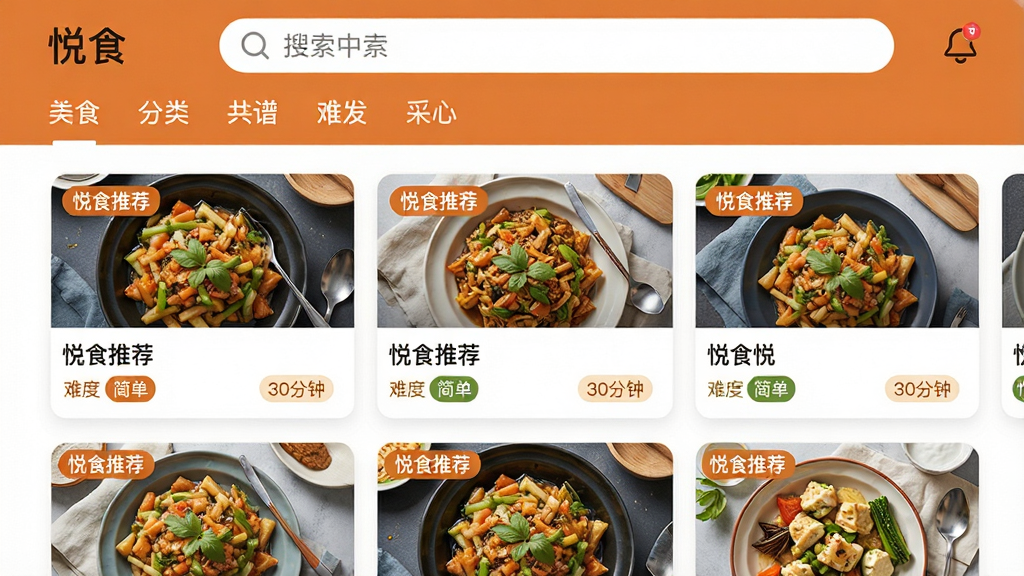 ���壺��ʳӦ����ҳ��ͼ��չʾ�����Ƽ��Ĳ����б������֣�����Ϊ����������ർ�����·�Ϊ�Ƽ��Ĳ�Ʒ��Ƭ������ͼƬ���������Ѷȱ�ǩ���Ű棺���򻬶��������б���ϣ���ˬ���򡣷���ִ���࣬ůɫ��Ϊ����ϸ�ڣ���Ƭ����ʾ����ʳ�Ƽ�����������ƷͼƬ��������ע���򵥡���30���ӡ��ȱ�ǩ�����ʣ����壬�ɾ����޶���Ԫ�ء�