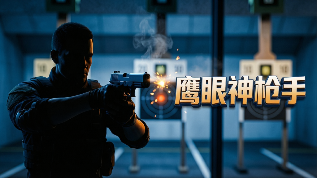主体:一位手持战术手枪的角色剪影,背景为现代射击训练场,靶心带有数字10环。布局:角色居中偏左,右侧留白用于放置游戏标题“鹰眼神枪手”的立体字效果。排版:前景角色清晰,背景靶场虚化,突出瞄准视线。风格:写实与科技感结合的CG渲染,光影对比强烈,色调以深蓝与橙黄为主。细节:枪口有轻微硝烟,靶心处有子弹击中后的闪光碎片。画质:8K超高清,干净无多余元素