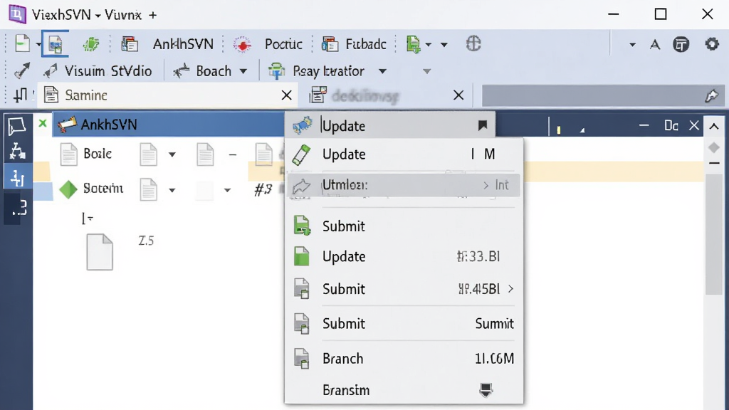 Visual Studio �༭�������У�AnkhSVN ���Ҽ��˵�չ������ʾ���¡��ύ����֧��ѡ��ļ�״̬ͼ�������ɼ�������ɾ������ʸ��壬�޶���Ԫ��
