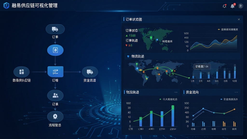 一张融汇数易供应链可视化管理界面的截图,界面左侧为流程节点图标,右侧为实时数据面板,显示订单状态、物流轨迹和资金流向,背景为深蓝色科技感设计,数据图表清晰,整体风格专业商务,高分辨率,画质干净