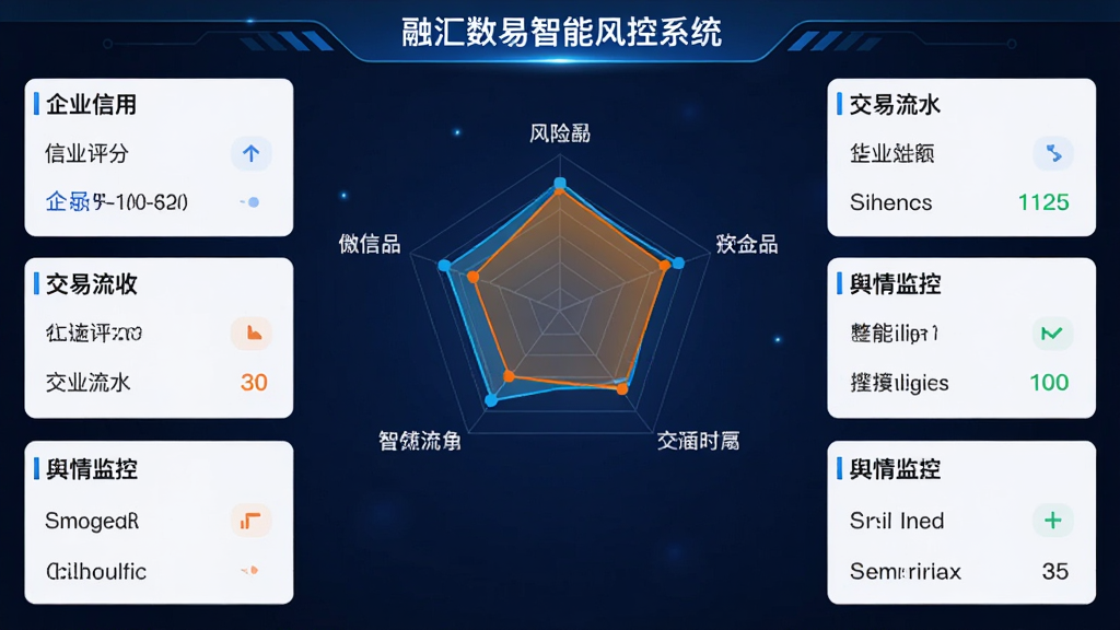 融汇数易智能风控系统界面,中心为风险雷达图,周围环绕企业信用评分、交易流水、舆情监控等数据卡片,色彩以蓝与橙为主,科技感强,界面清晰整洁,高分辨率,无多余元素
