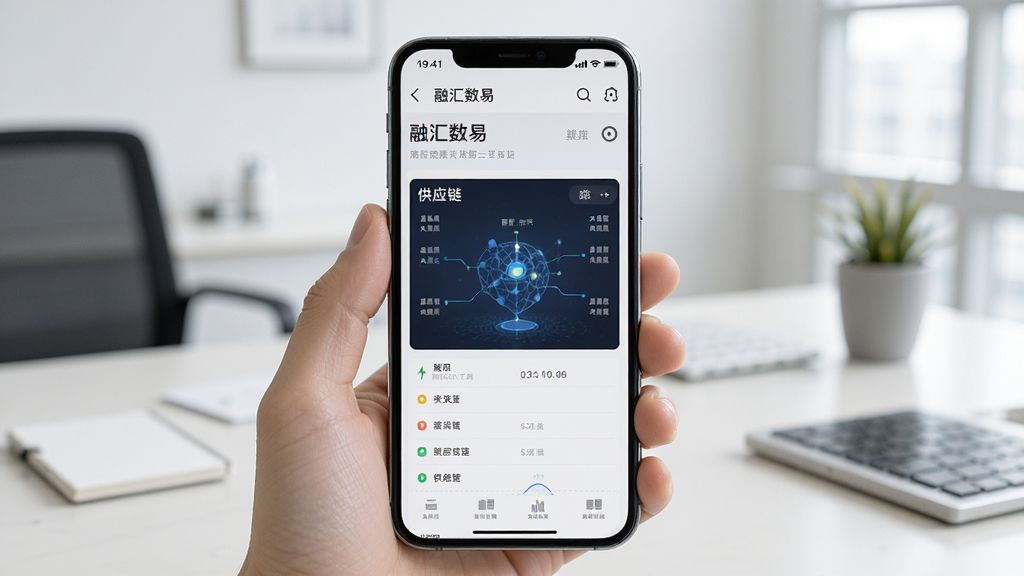 一张融汇数易在手机上运行的实操截图,手机屏幕显示融汇数易的“供应链”页面,背景为简洁的办公桌环境,手机边框清晰,界面内容可见,光线明亮,高分辨率,画质清晰