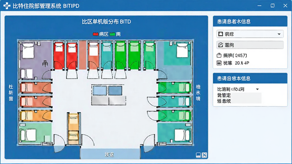 比特住院部管理系统BITIPD单机版床位管理界面截图,展示病区床位分布图,不同颜色标注床位状态,右侧显示患者基本信息卡片,整体风格简洁,医疗蓝白色调,界面文字清晰,无多余装饰元素