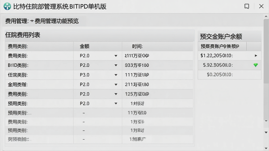 比特住院部管理系统BITIPD单机版费用管理功能预览,展示住院费用明细列表与预交金账户余额,表格项目清晰,包含费用类别、金额、时间,背景为医疗系统常见浅灰色界面,风格专业干净,无多余元素