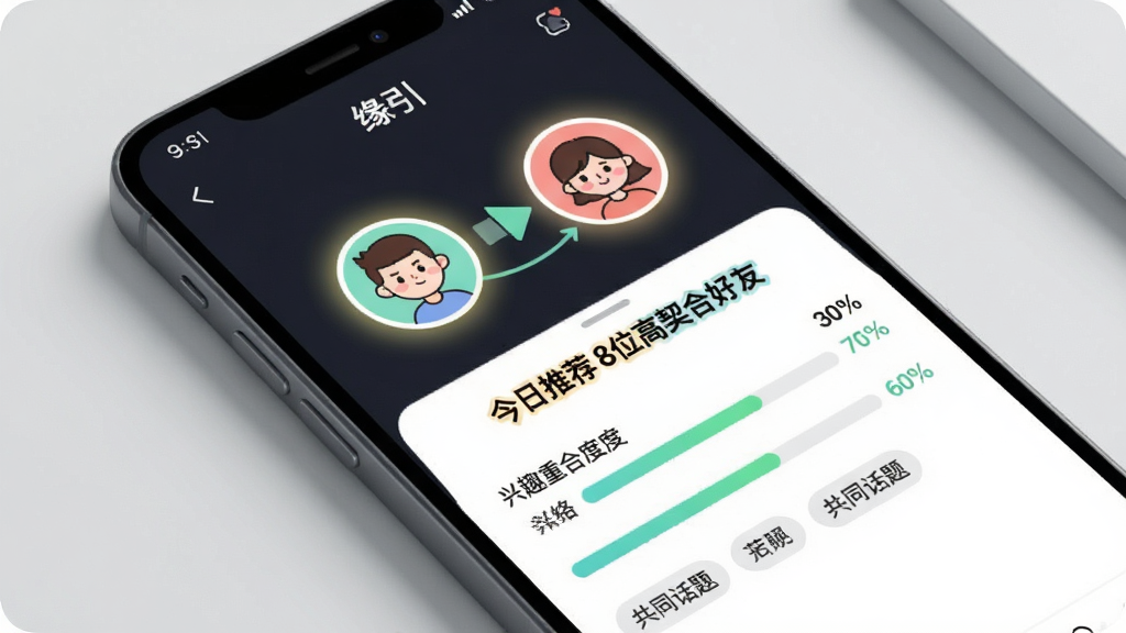 ��������Ϊһ�������ֻ�б�������棬��Ļ��ʾ��Ե��������ƥ��ҳ�棬�Ϸ�չʾ��λ��ͨͷ�������Ķ������м��С������Ƽ� 8λ�����Ϻ��ѡ��������·��г���Ȥ�غ϶Ȱٷֱ����빲ͬ�����ǩ������Ϊ�ֻ����С�ǳ��ɫ�������У��Ű��࣬����������죬ϸ�ڰ���ͷ����Ρ�ƥ�������Ӵ֣����ʸɾ��޶���Ԫ�ء�