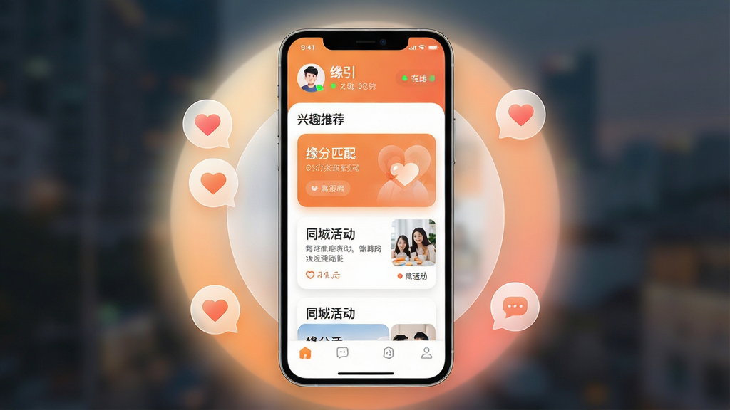 ��������Ϊ�ֻ���Ļչʾ��Ե�����������������棬���涥����ʾ�û�ͷ��������״̬���в�Ϊ��Ȥ�Ƽ���Ƭ������Ƭ��������ע��Ե��ƥ�䡱��ͬ�ǻ�����������ײ�Ϊ�����������岼��Ϊ�ֻ���������չʾ����Χ������͵Ľ���������Լ���罻ͼ�꣨���ġ��Ի����ݣ����Ű����ִ���࣬ɫ����ů��ɫ���ɫΪ����ϸ�ڰ�����ƬԲ����Ӱ��ë����Ч�����������ʸ���ɾ����޶���Ԫ�أ����������ɶ���