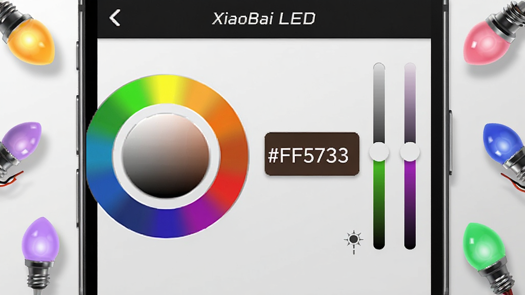 ��������Ϊ�ֻ���Ļ�Ŵ���ʾ��XiaoBai LED����ȡɫ���棬�����������Բ��ɫ�໷���Ҳ��������뱥�Ͷȵ����������м�һ�����ġ�#FF5733��ɫֵ��ʾ�򡣲��ֲ������ҷ���ʽ������Ϊǳ��ɫ���䣬��Χɢ���ż�����ͬ��ɫ��LED������Ϊ��׺���Ű�������ɫ��ɫ�ʹ�����Ȼ������Ԫ�ر�Ե���������Ϊ��ƽ��UI���Ԥ��ͼ��ϸ�ڰ���΢С��ͶӰ��߹⣬���ʸɾ�͸�����޶���Ԫ�ء�