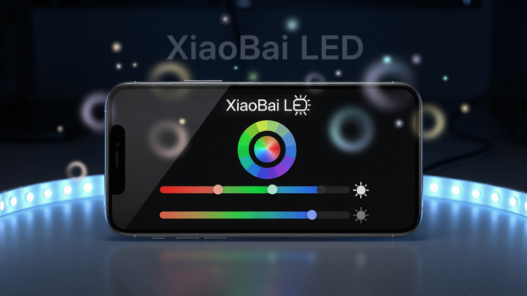 ��������Ϊһ�������������ֻ�����ڻ������룬��Ļ��������ʾ��XiaoBai LED��APP�����棬��������ɫ��������Ѥ����ʵ�Բ��ɫ�������Ȼ��ˣ���ΧƯ������͵Ĺ������ӡ����ֲ������Ĺ�ͼ���ֻ��󷽴��е���ɫLED�ƴ����Ƶ����棬���ܻ����谵��ͻ����Ļ��â���Ű潲�����ֻ���Ļ����ռ���Ӿ����㣬�����а�ɫ���ֱ��⡰XiaoBai LED�����·��ֲ���������ɫ���顣������Ϊ�Ƽ���3D��Ⱦ��ϸ�ڰ�����Ļ���⡢���������ʸУ����ʸ���ϸ��ɾ����޶���Ԫ��