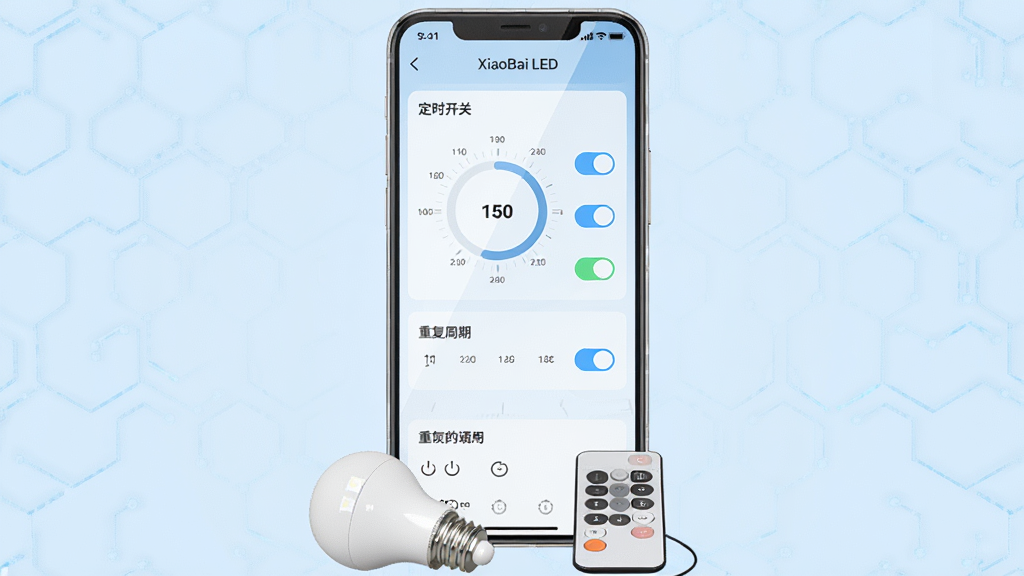 ��������Ϊһ�������ֻ�������ʾ��XiaoBai LED���Ķ�ʱ����ҳ�棬��Ļ���ж��ʱ����Բ���뿪�ذ�ť������Ϊ����ɫ�Ƽ����������ֲ��þ��жԳƣ��ֻ��·�����һ��С��LED���ݼ�ң�������ߡ��Ű���������Ļ����չʾ����ʱ���ء��롰�ظ����ڡ�ѡ����������ɶ������Ϊ3D��Ʒ��Ⱦ���ϸ�ڰ�����Ļ�������⡢�����߿򣬻��ʸɾ��������޶���Ԫ��